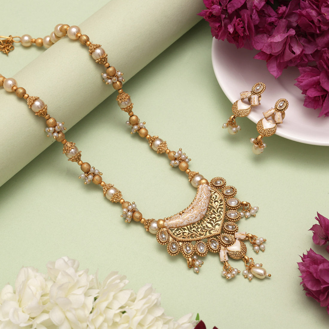 Gold Color Meena Work Matte Gold Rajwadi Temple Necklace Set (TPLN696GLD)