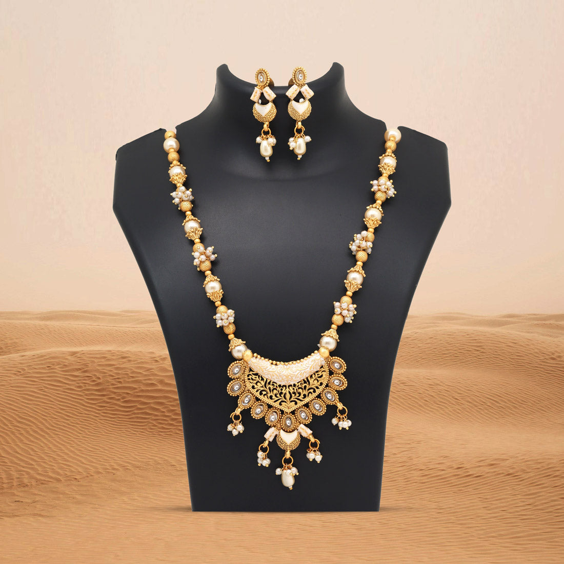 Gold Color Meena Work Matte Gold Rajwadi Temple Necklace Set (TPLN696GLD)