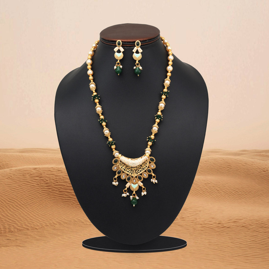 Green Color Meena Work Matte Gold Rajwadi Temple Necklace Set (TPLN696GRN)