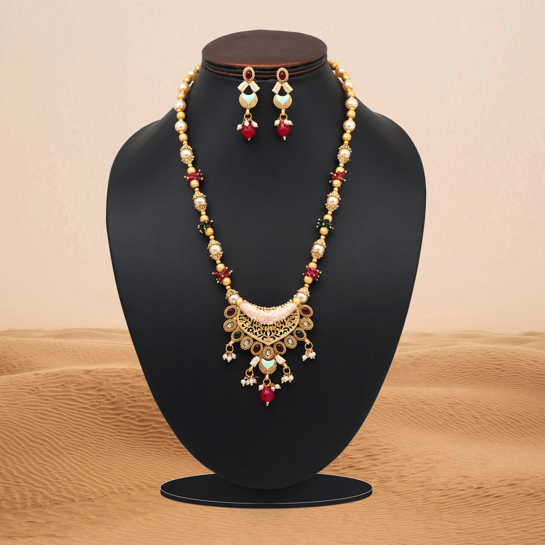 Rani & Green Color Meena Work Matte Gold Rajwadi Temple Necklace Set (TPLN696RNIGRN)