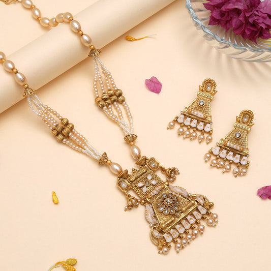Gold Color Meena Work Matte Gold Rajwadi Temple Necklace Set (TPLN697GLD)