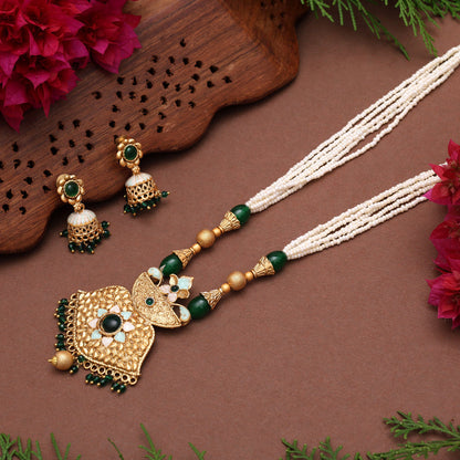 Green Color Meena Work Matte Gold Rajwadi Temple Necklace Set (TPLN698GRN)