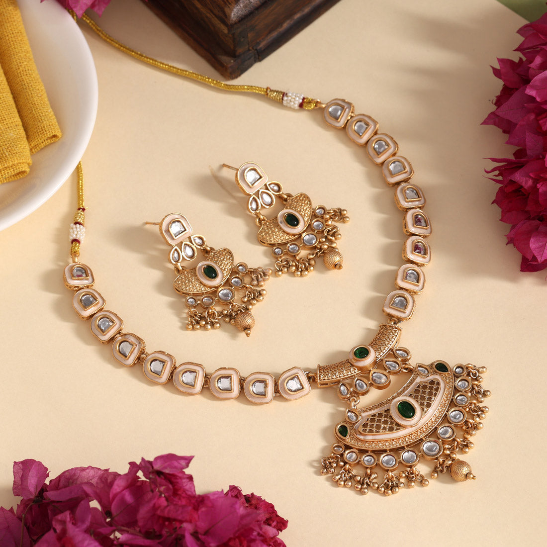 Green Color Matte Gold Rajwadi Temple Necklace Set (TPLN700GRN)