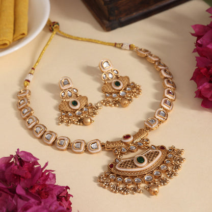 Rani & Green Color Matte Gold Rajwadi Temple Necklace Set (TPLN700RNIGRN)