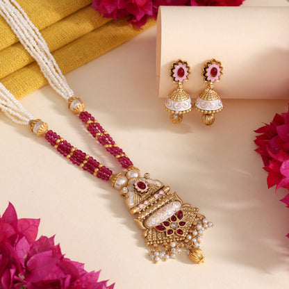 Rani Color Meena Work Matte Gold Rajwadi Temple Necklace Set (TPLN703RNI)