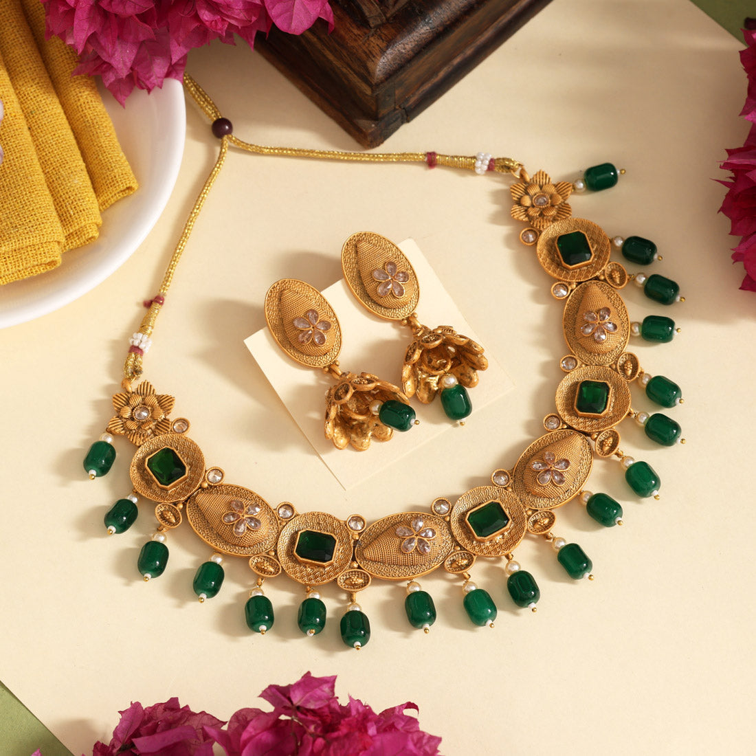 Green Color Matte Gold Rajwadi Temple Necklace Set (TPLN705GRN)