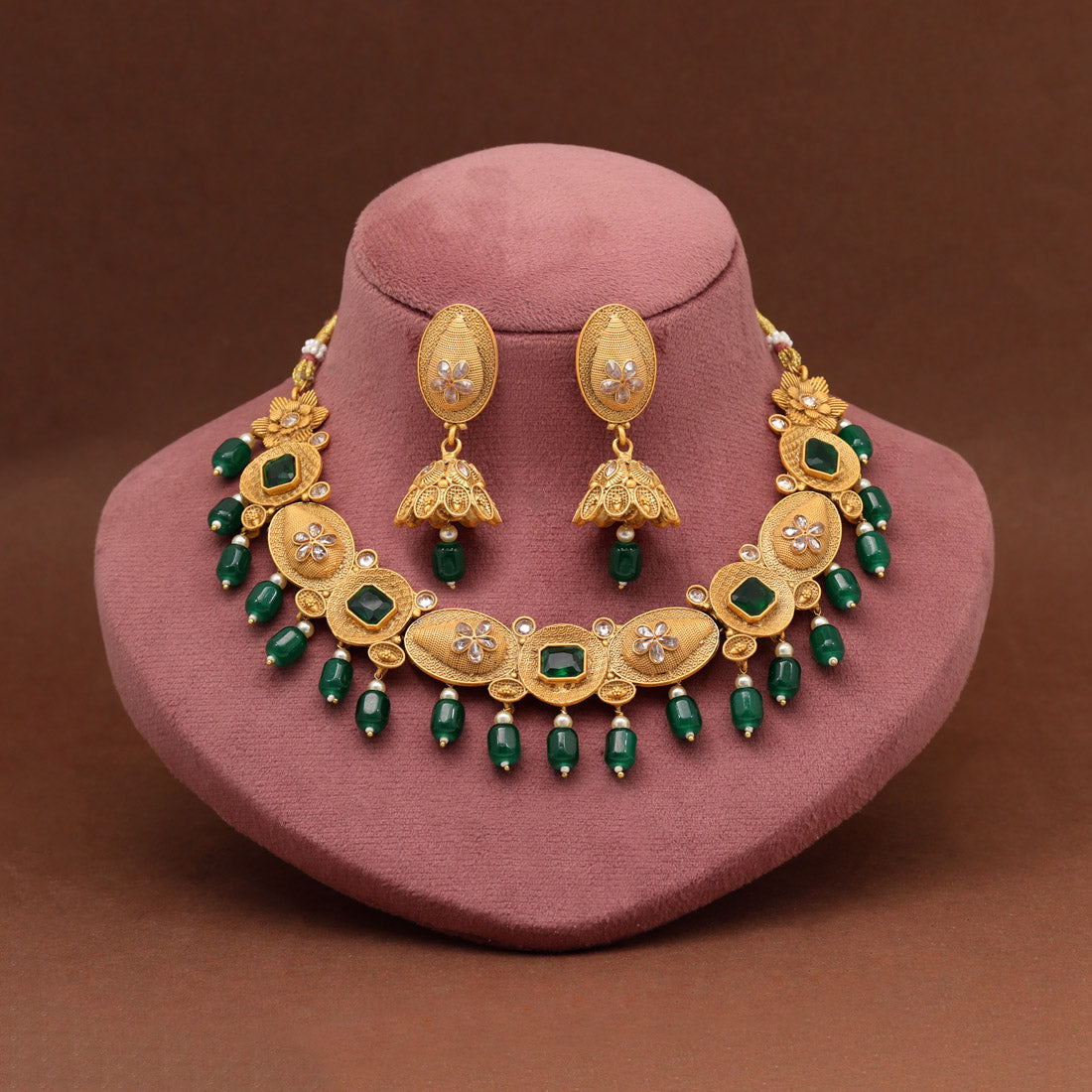 Green Color Matte Gold Rajwadi Temple Necklace Set (TPLN705GRN)