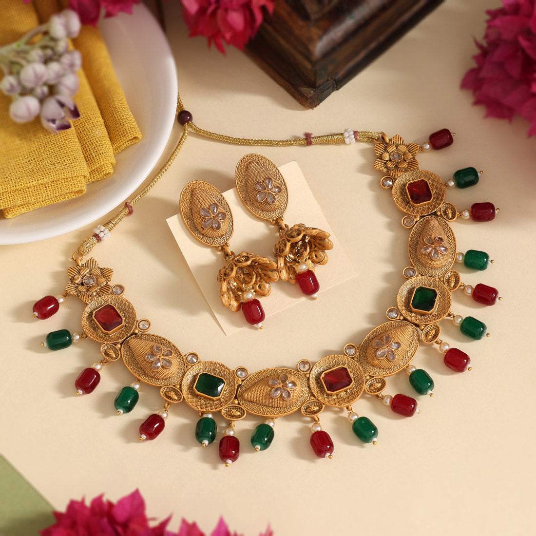 Maroon & Green Color Matte Gold Rajwadi Temple Necklace Set (TPLN705MG)