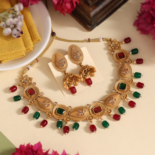Maroon & Green Color Matte Gold Rajwadi Temple Necklace Set (TPLN705MG)