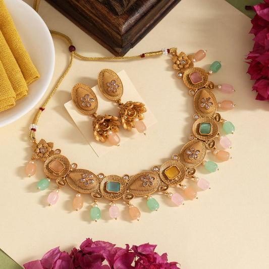 Multi Color Matte Gold Rajwadi Temple Necklace Set (TPLN705MLT)