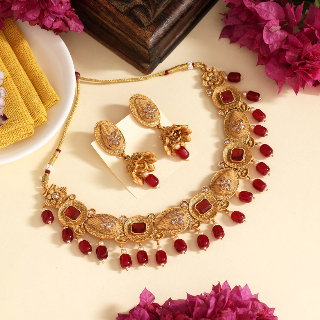 Maroon Color Matte Gold Rajwadi Temple Necklace Set (TPLN705MRN)