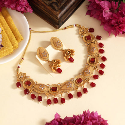 Maroon Color Matte Gold Rajwadi Temple Necklace Set (TPLN705MRN)