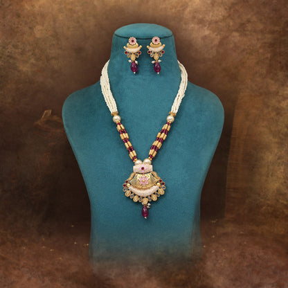 Rani Color Meena Work Matte Gold Rajwadi Temple Necklace Set (TPLN709RNI)