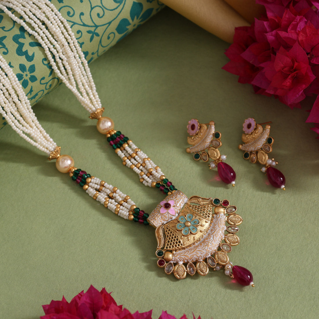 Rani & Green Color Meena Work Matte Gold Rajwadi Temple Necklace Set (TPLN710RNIGRN)