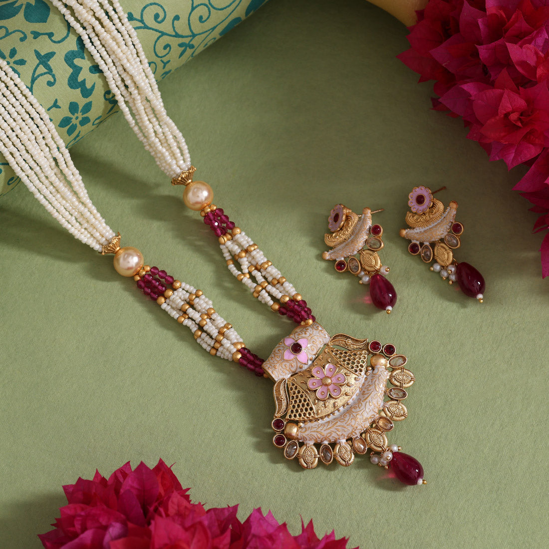 Rani Color Meena Work Matte Gold Rajwadi Temple Necklace Set (TPLN710RNI)