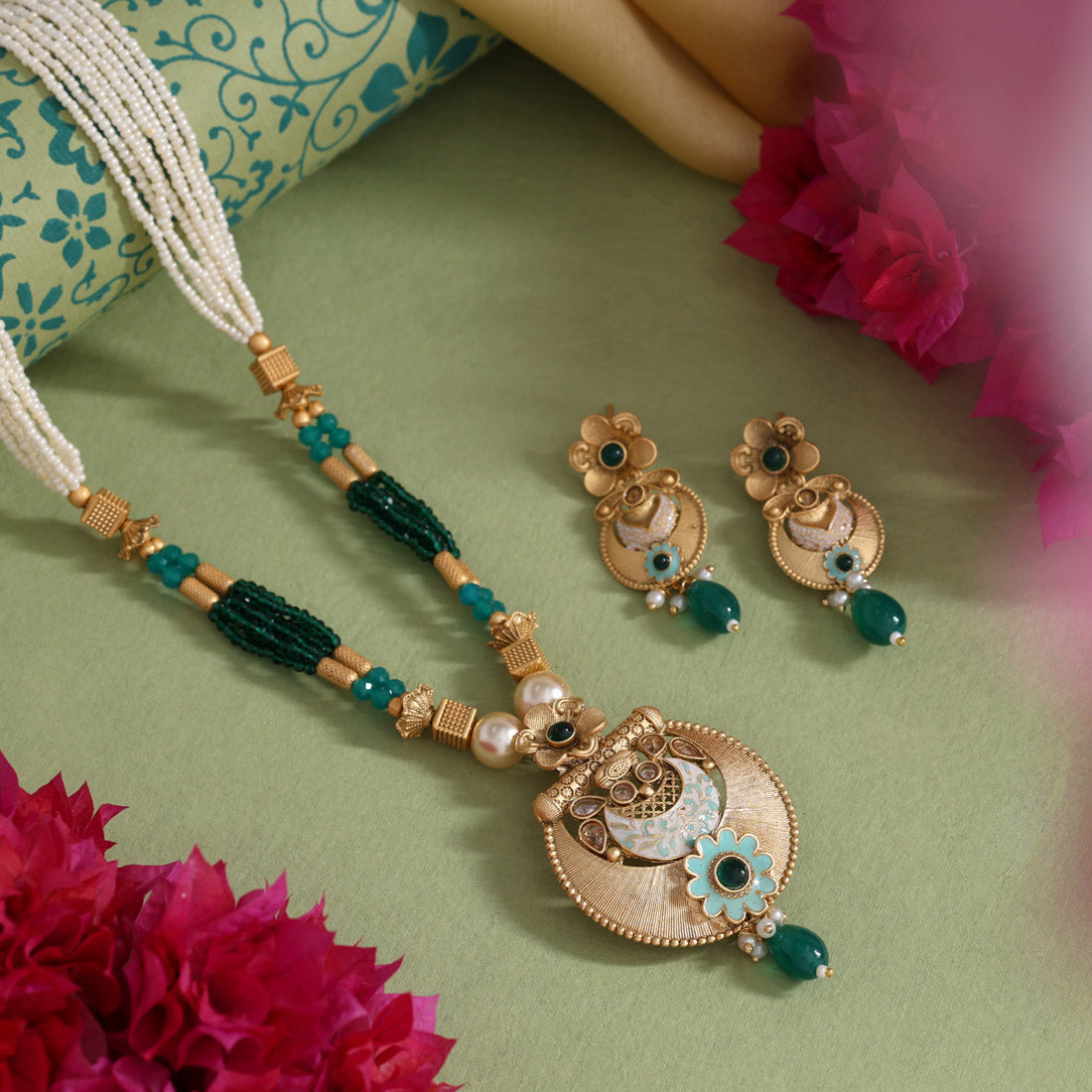 Green Color Meena Work Matte Gold Rajwadi Temple Necklace Set (TPLN711GRN)