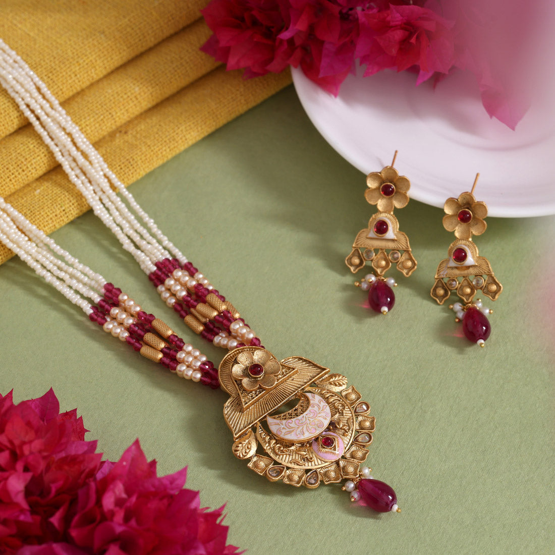 Rani Color Meena Work Matte Gold Rajwadi Temple Necklace Set (TPLN714RNI)