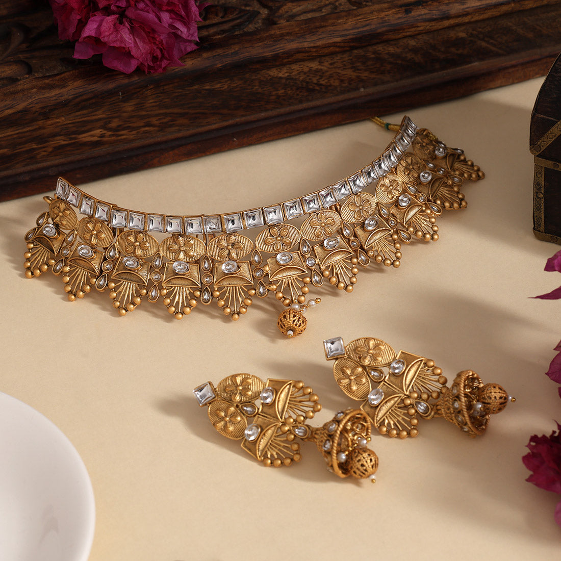 Gold Color Choker Matte Gold Rajwadi Temple Necklace Set (TPLN715GLD)