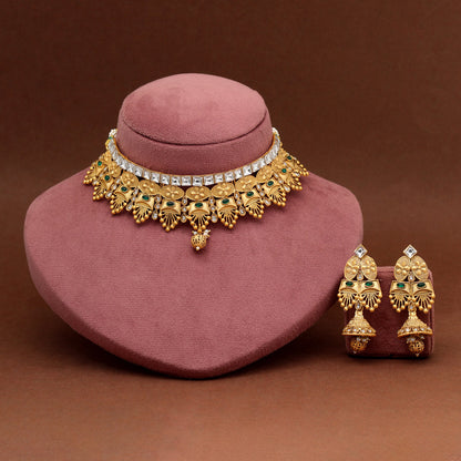 Green Color Choker Matte Gold Rajwadi Temple Necklace Set (TPLN715GRN)