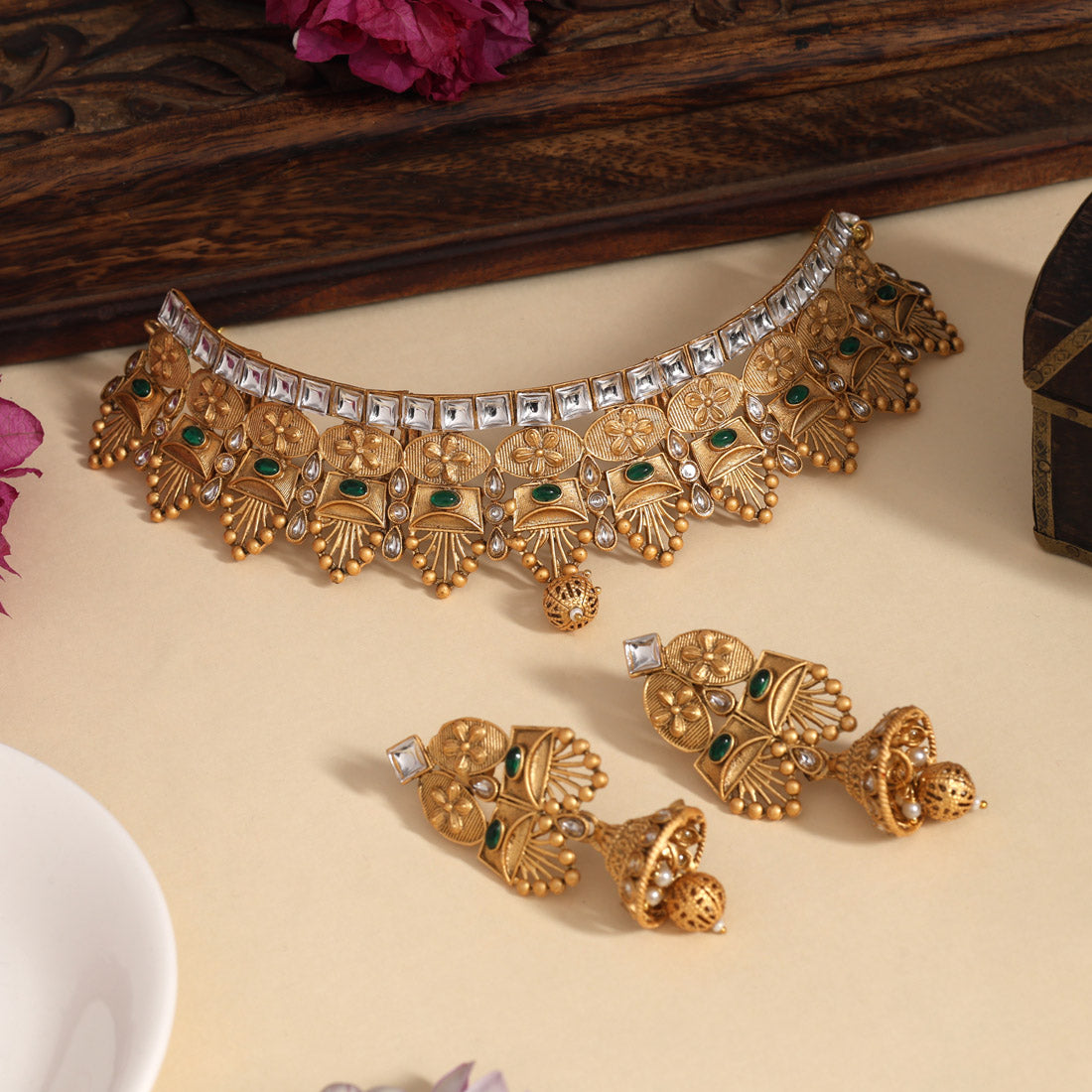 Green Color Choker Matte Gold Rajwadi Temple Necklace Set (TPLN715GRN)