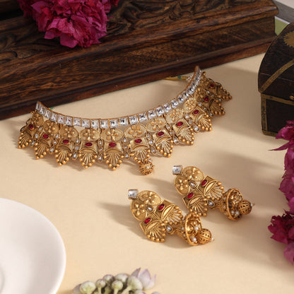 Rani Color Choker Matte Gold Rajwadi Temple Necklace Set (TPLN715RNI)
