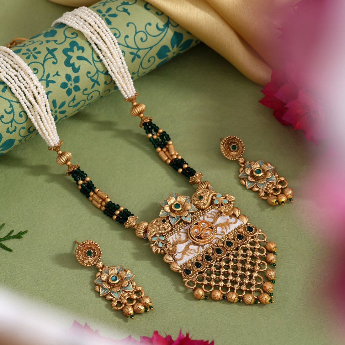 Green Color Matte Gold Rajwadi Temple Necklace Set (TPLN716GRN)