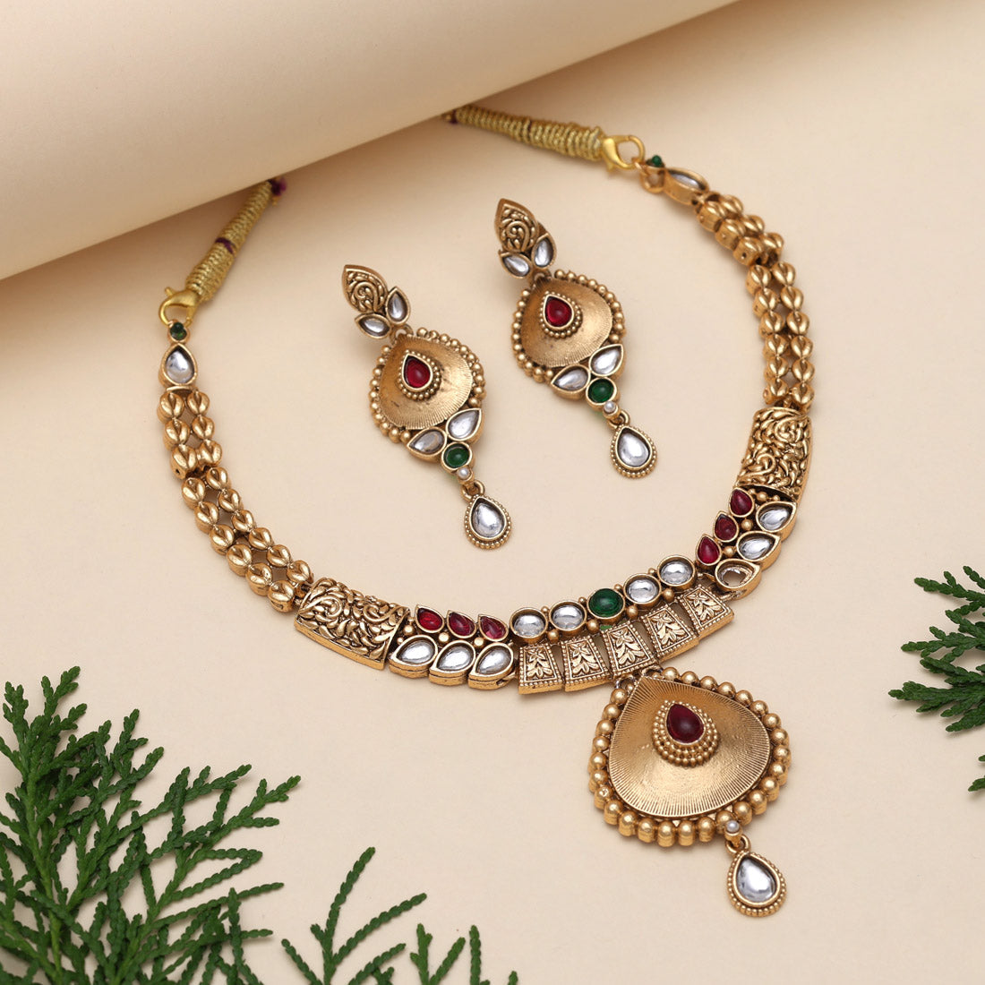 Rani & Green Color Matte Gold Rajwadi Temple Necklace Set (TPLN719RNIGRN)