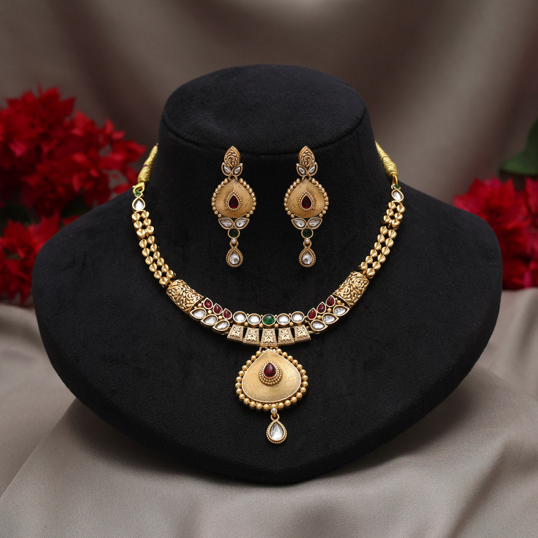 Rani & Green Color Matte Gold Rajwadi Temple Necklace Set (TPLN719RNIGRN)