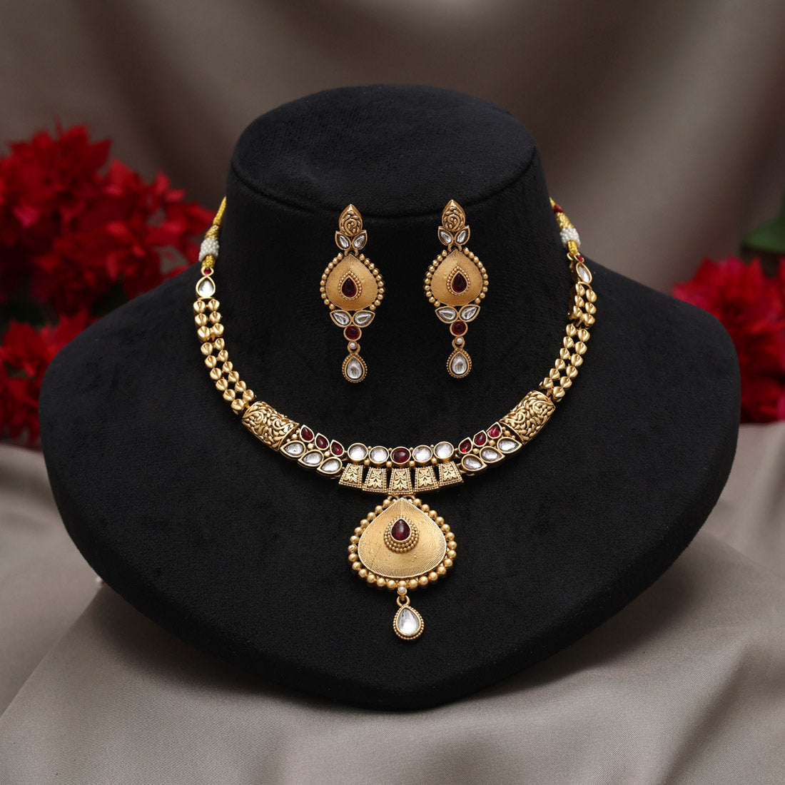 Rani Color Matte Gold Rajwadi Temple Necklace Set (TPLN719RNI)