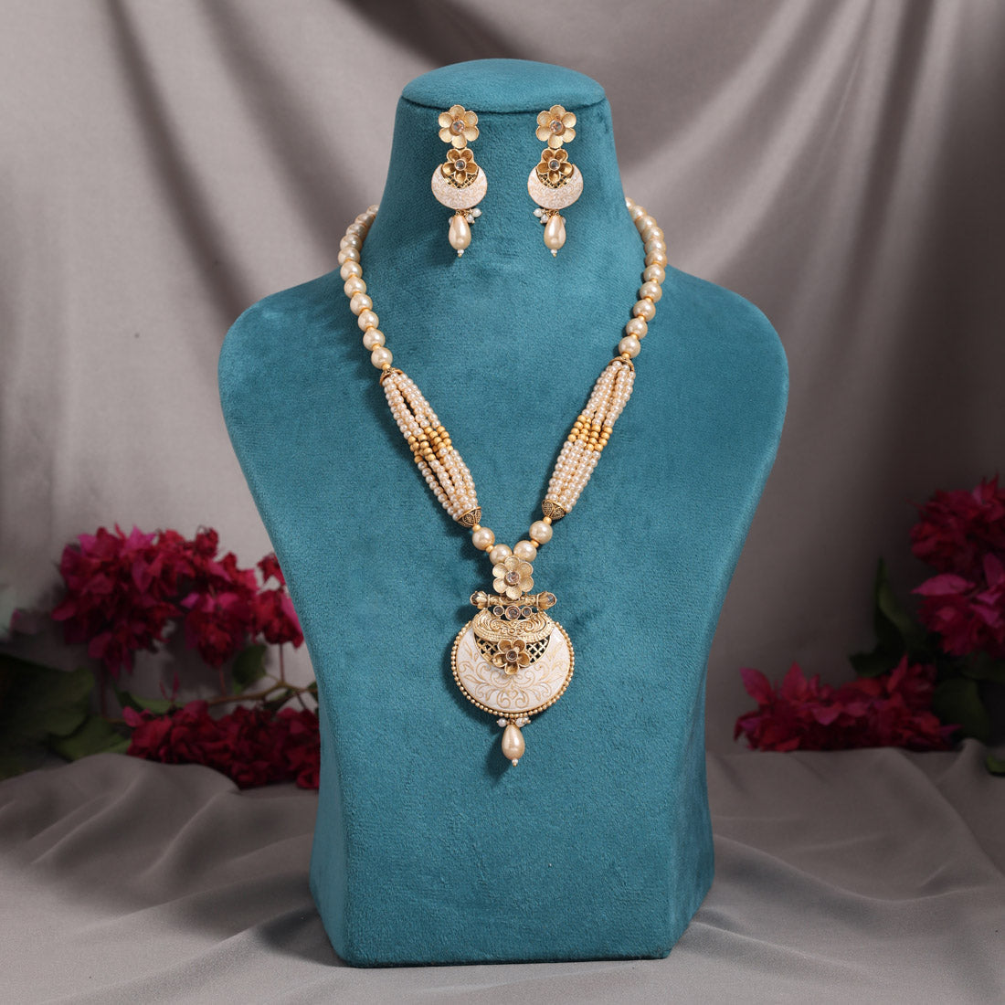 Gold Color Meena Work Matte Gold Rajwadi Temple Necklace Set (TPLN722GLD)