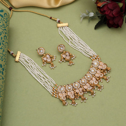 White Color Meena Work Matte Gold Rajwadi Temple Necklace Set (TPLN725WHT)