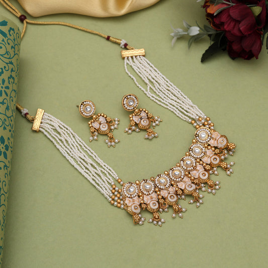 White Color Meena Work Matte Gold Rajwadi Temple Necklace Set (TPLN725WHT)