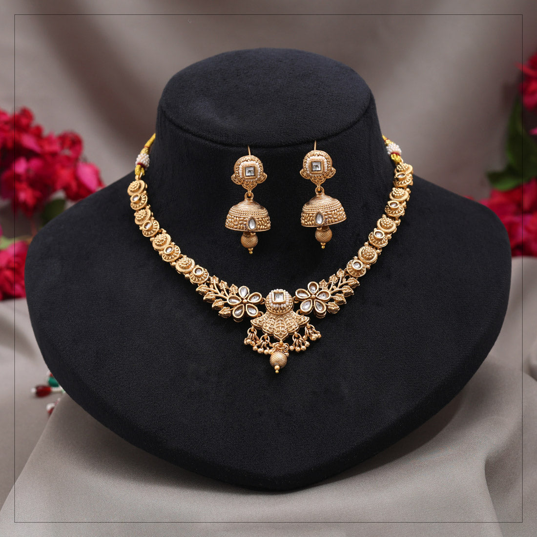 Gold Color Matte Gold Rajwadi Temple Necklace Set (TPLN726GLD)
