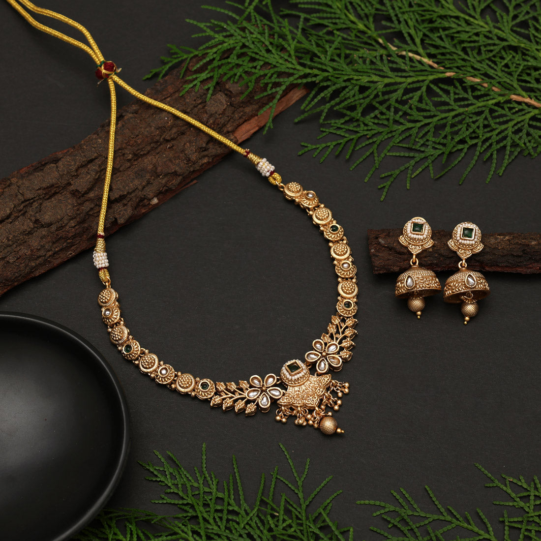 Green Color Matte Gold Rajwadi Temple Necklace Set (TPLN726GRN)