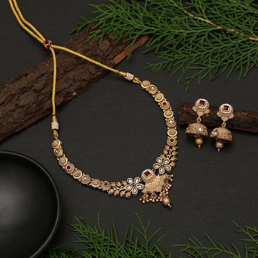 Rani & Green Color Matte Gold Rajwadi Temple Necklace Set (TPLN726RNIGRN)