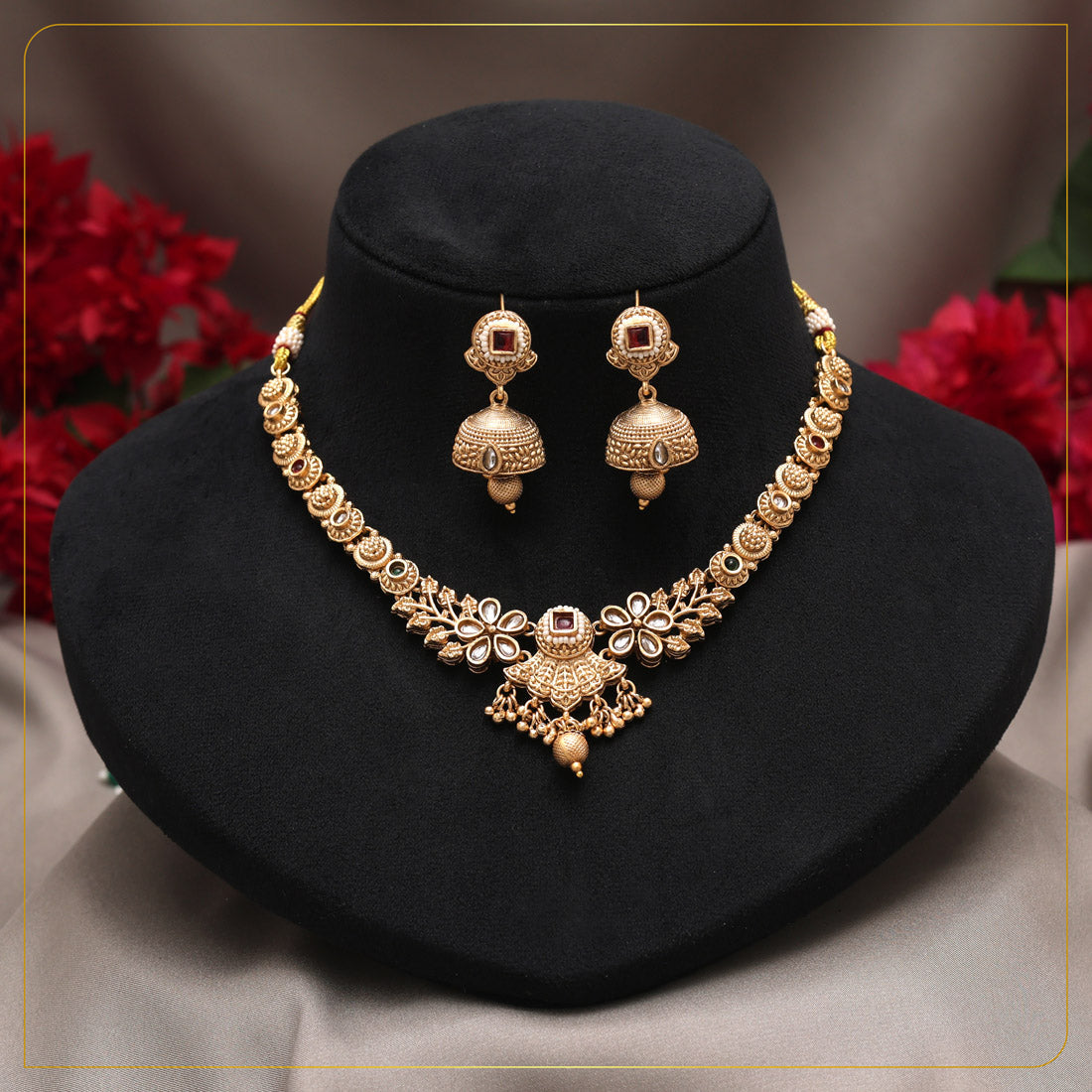 Rani & Green Color Matte Gold Rajwadi Temple Necklace Set (TPLN726RNIGRN)