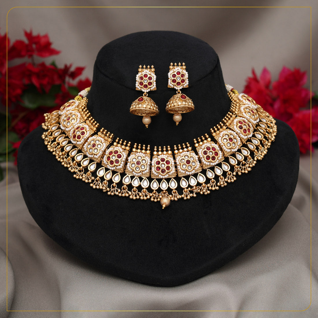Rani Color Matte Gold Rajwadi Temple Necklace Set (TPLN727RNI)