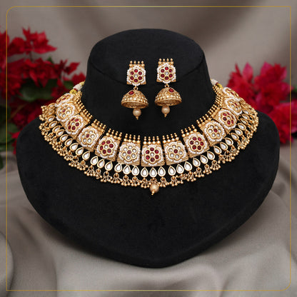 Rani Color Matte Gold Rajwadi Temple Necklace Set (TPLN727RNI)