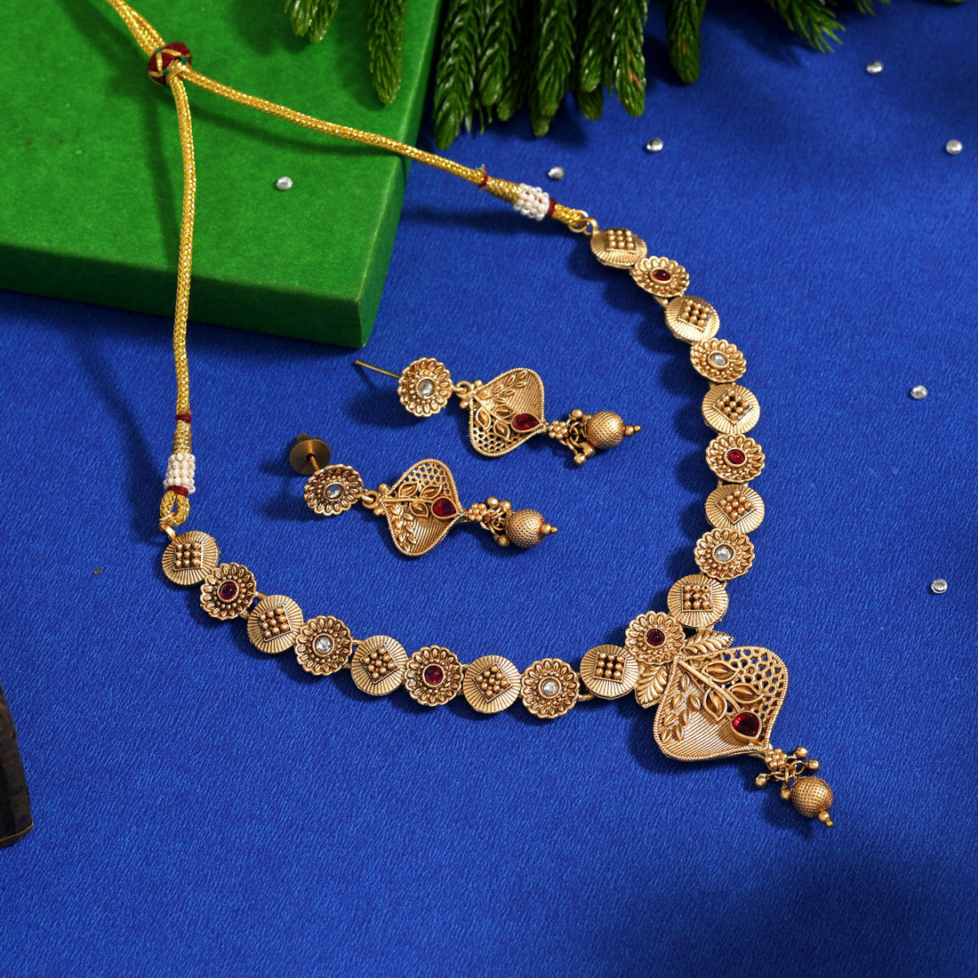 Rani Color Matte Gold Rajwadi Temple Necklace Set (TPLN728RNI)