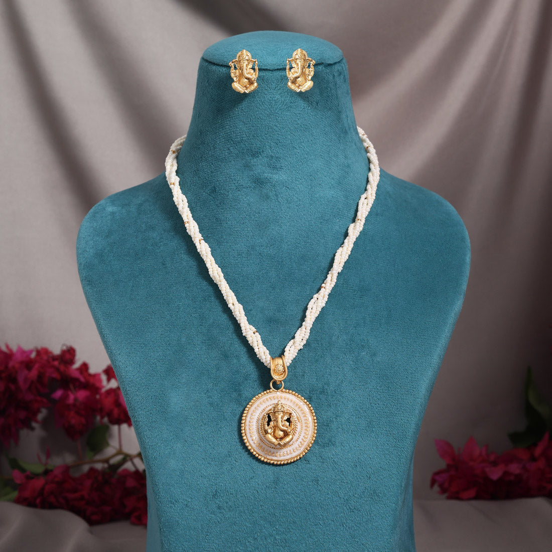 White Color Meena Work Matte Gold Rajwadi Temple Necklace Set (TPLN729WHT)
