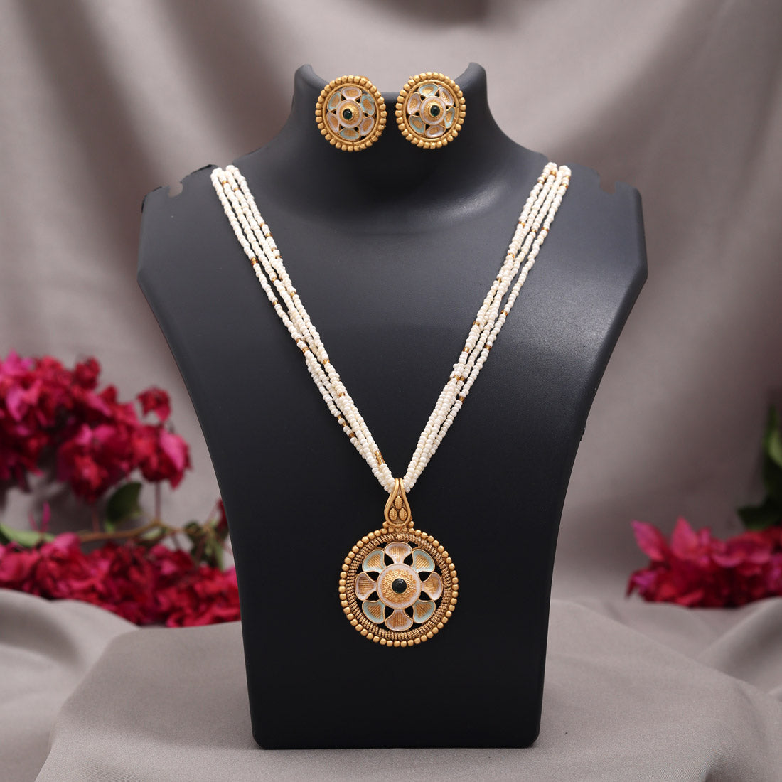 Green Color Meena Work Matte Gold Rajwadi Temple Necklace Set (TPLN730GRN)