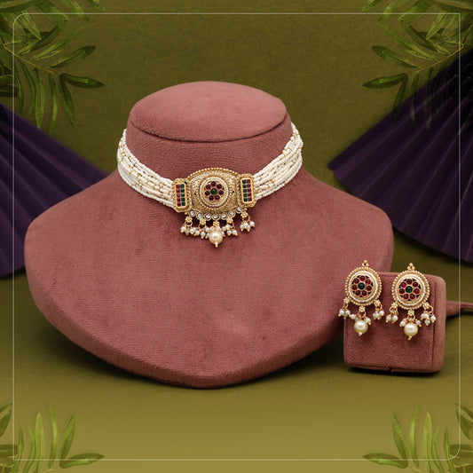 Rani & Green Color Choker Matte Gold Rajwadi Temple Necklace Set