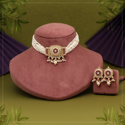 Rani Color Choker Matte Gold Rajwadi Temple Necklace Set