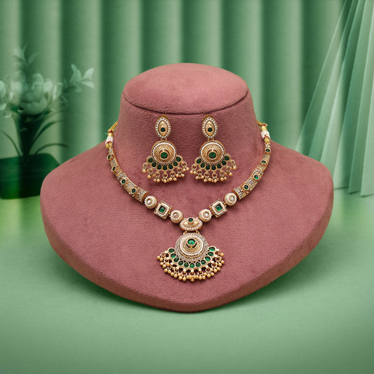 Green Color Matte Gold Rajwadi Temple Necklace Set