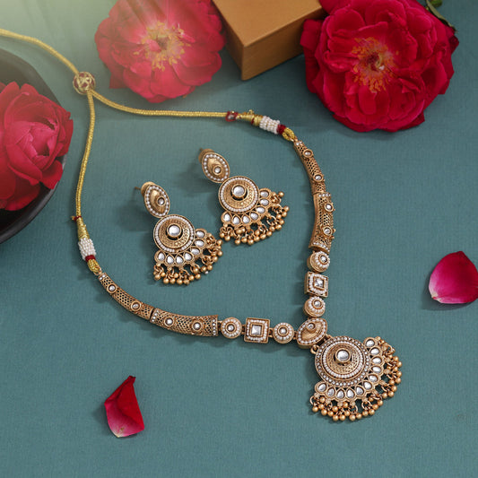 White Color Matte Gold Rajwadi Temple Necklace Set