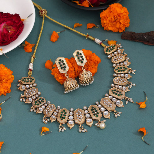 Green Color Matte Gold Rajwadi Temple Necklace Set