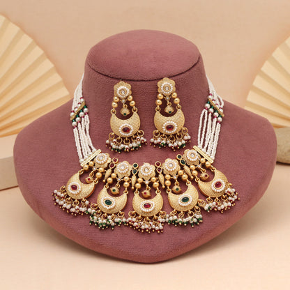 Rani & Green Color Designer Matte Gold Rajwadi Temple Necklace Set