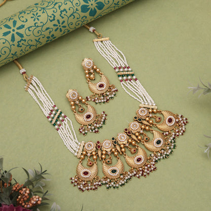 Rani & Green Color Designer Matte Gold Rajwadi Temple Necklace Set