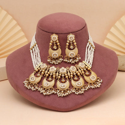 White Color Elegant Matte Gold Rajwadi Temple Necklace Set