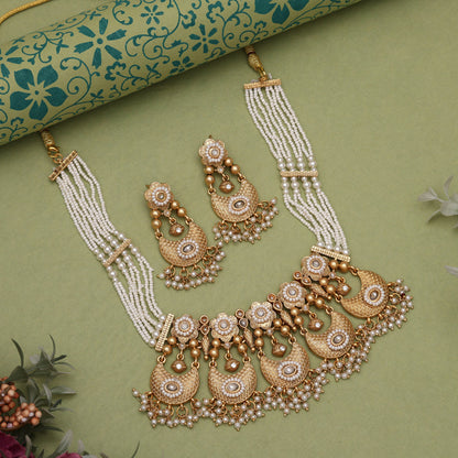 White Color Elegant Matte Gold Rajwadi Temple Necklace Set